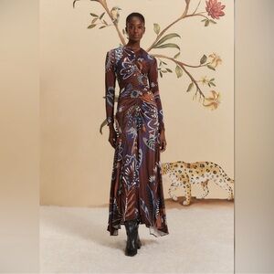 Farm Rio Brown Delicate Garden Long Sleeve Maxi Dress